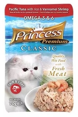 Zdjęcie Princess Premium Cat saszetka Skin & Coat z omega 3 i 6 tuńczyk pacyficzny, krewetki i ryż 70g
