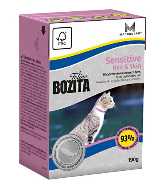 Zdjęcie Bozita Sensitive Hair & Skin puszka dla kotów kartonik kawałki z łososiem, galaretka 190g
