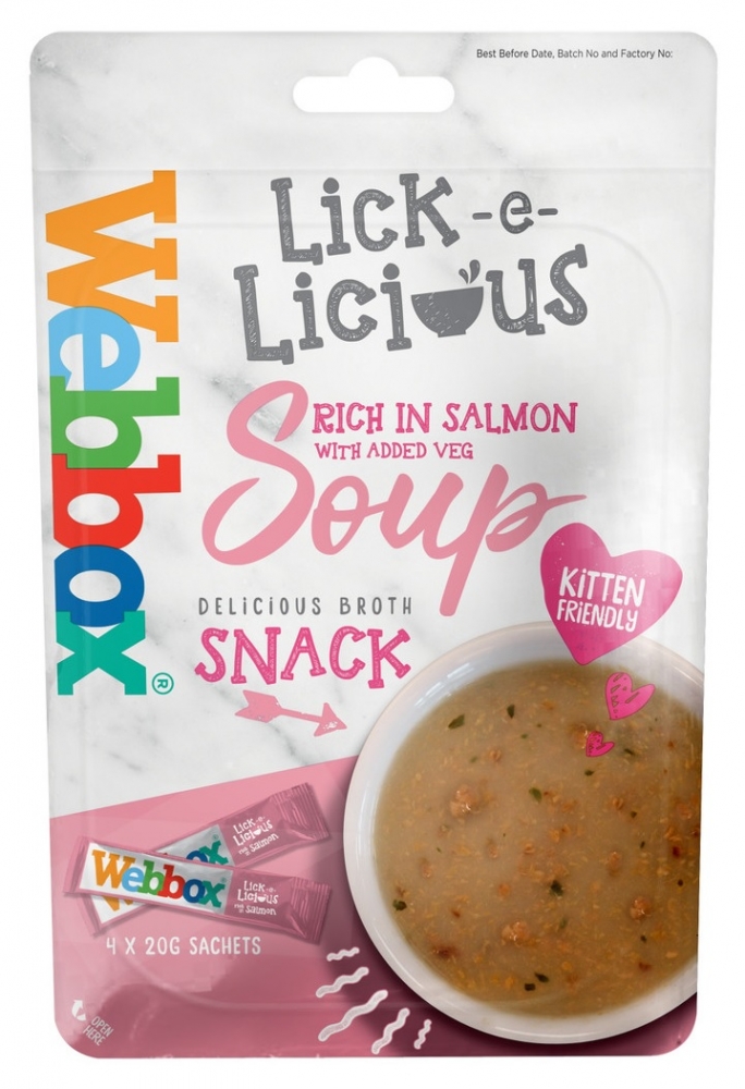 Zdjęcie Webbox WYPRZEDAŻ: Lick-e-Licious zupa dla kota (krótka data) z łososiem 4x20g