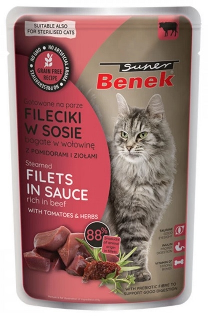 Zdjęcie Certech Saszetka dla kota Steamed Filets Super Benek Bezzbożowe Fileciki bogate w wołowinę z pomidorami i ziołami w sosie 85g