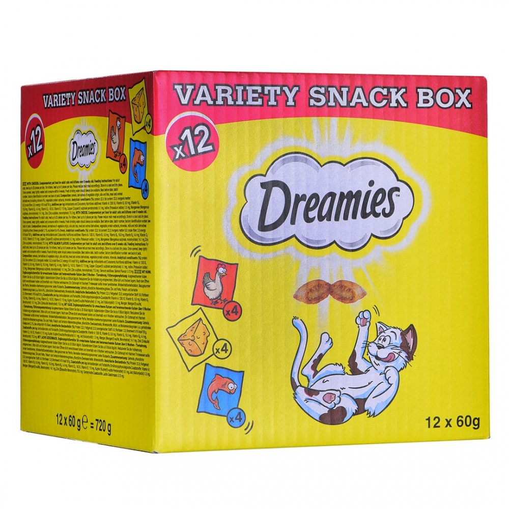 Zdjęcie Dreamies Cat Treats Variety Snack Box przysmaki dla kota mix z kurczakiem, z serem, z łososiem 12x60g