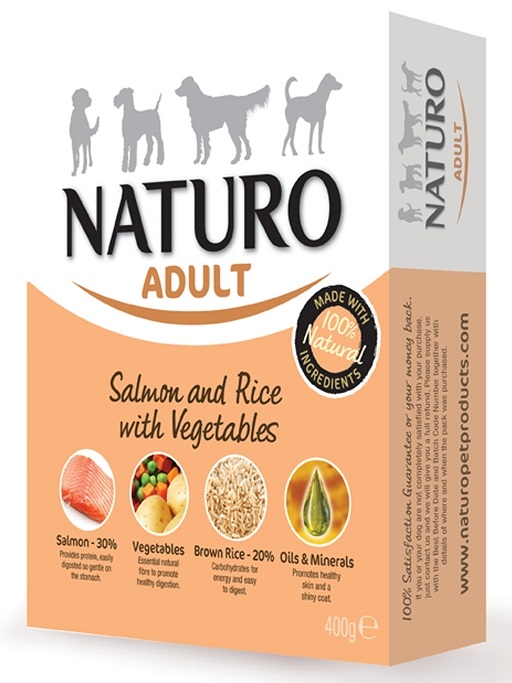 Zdjęcie Naturo Adult Dog tacka dla psa  łosoś z ryżem i warzywami 400g