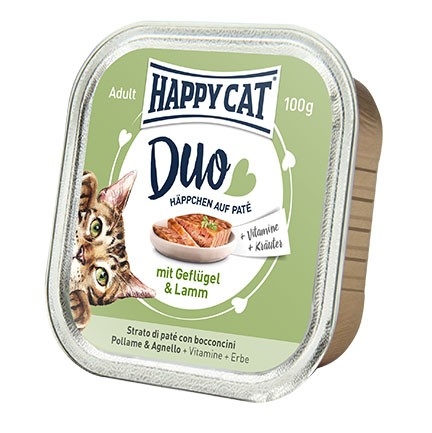 Zdjęcie Happy Cat Duo kawałki w pasztecie z galaretką tacka dla kota z drobiem i jagnięciną 100g