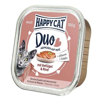 Zdjęcie Happy Cat Duo kawałki w pasztecie z galaretką tacka dla kota z drobiem i wołowiną 100g