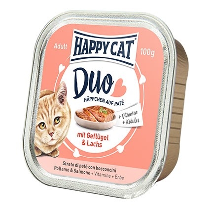 Zdjęcie Happy Cat Duo kawałki w pasztecie z galaretką tacka dla kota z drobiem i łososiem 100g
