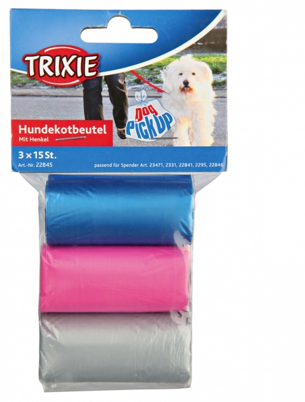 Zdjęcie Trixie 3 rolki torebek z uchwytami na psie odchody  kolorowe 3x 15 szt.