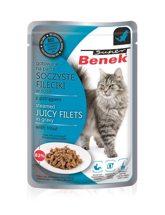 Certech Saszetka dla kota Juicy Filets Super Benek Soczyste Fileciki filety w sosie z pstrągiem 85g