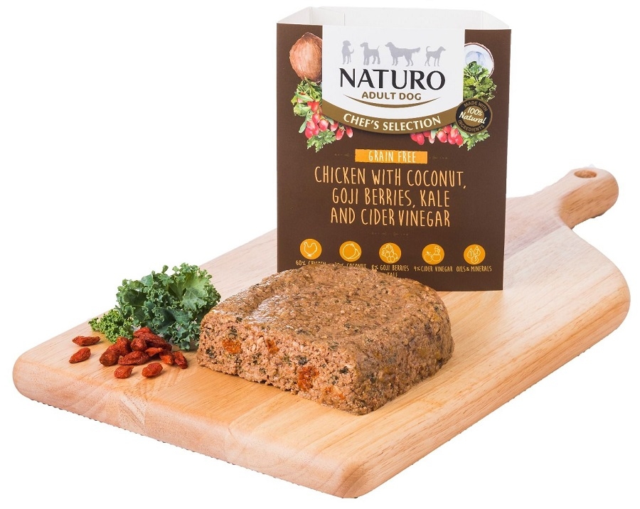 Zdjęcie Naturo Adult Dog Chef's Selection tacka dla psa Grain Free kurczak z kokosem, jagodami goi i jarmużem 400g