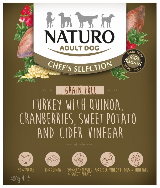 Zdjęcie Naturo Adult Dog Chef's Selection tacka dla psa Grain Free indyk z komosą ryżową, żurawiną i batatami 400g