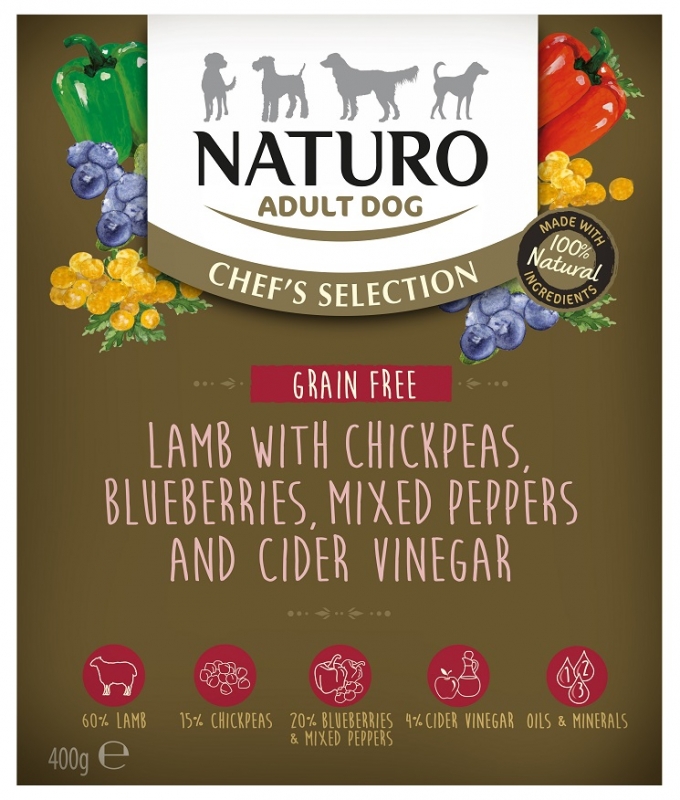 Zdjęcie Naturo Adult Dog Chef's Selection tacka dla psa Grain Free jagnięcina z ciecierzycą, paprykami i jagodami 400g