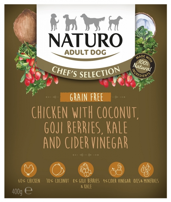 Zdjęcie Naturo Adult Dog Chef's Selection tacka dla psa Grain Free kurczak z kokosem, jagodami goi i jarmużem 400g