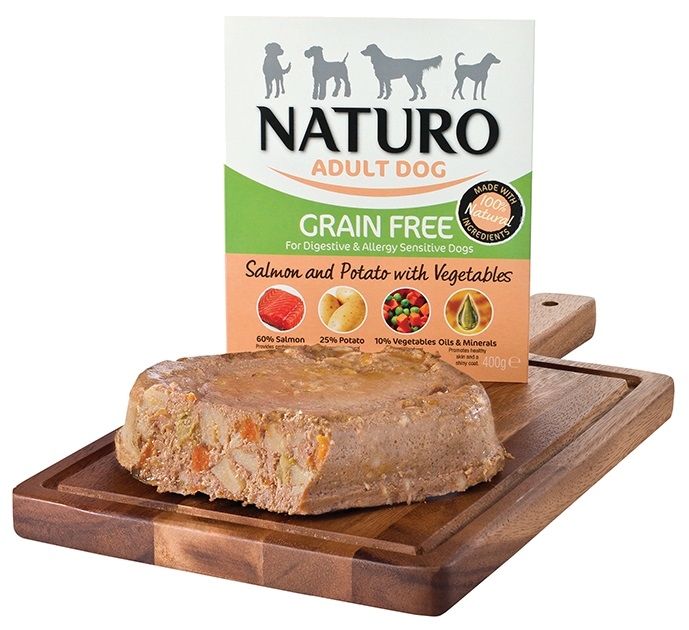 Zdjęcie Naturo Adult Dog tacka dla psa Grain Free  łosoś z ziemniakami i warzywami 400g