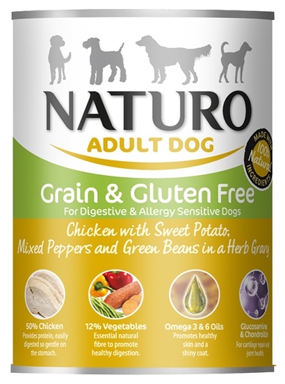 Zdjęcie Naturo Adult Dog puszka dla psa Grain Free  kurczak, słodkie ziemniaki i warzywa w sosie 390g