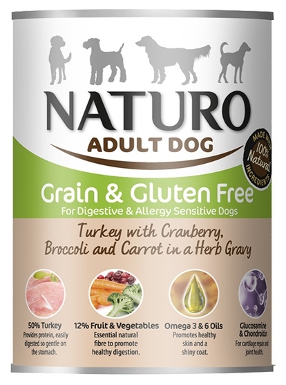Zdjęcie Naturo Adult Dog puszka dla psa Grain Free  indyk, żurawina, brokuł, marchew w sosie 390g