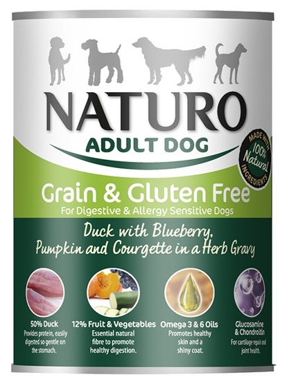 Zdjęcie Naturo Adult Dog puszka dla psa Grain Free  kaczka, jagody, dynia i cukinia w ziołowym sosie 390g