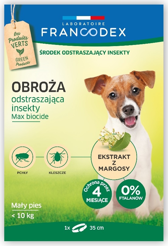 Francodex Obroża przeciw insektom Max Biocide 4 miesięczna dla małych psów i szczeniąt do 10kg 35 cm