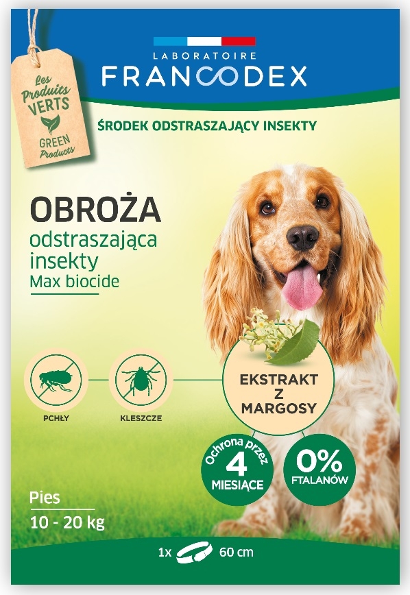 Francodex Obroża przeciw insektom Max Biocide 4 miesięczna dla psów i szczeniąt 10-20kg 60 cm