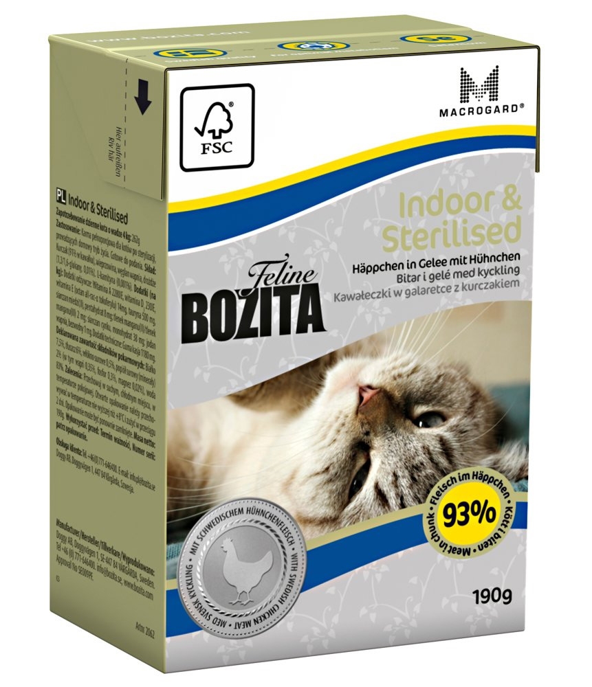 Zdjęcie Bozita Indoor & Sterilised puszka kartonik dla kotów  kawałki z kurczakiem, galaretka 190g