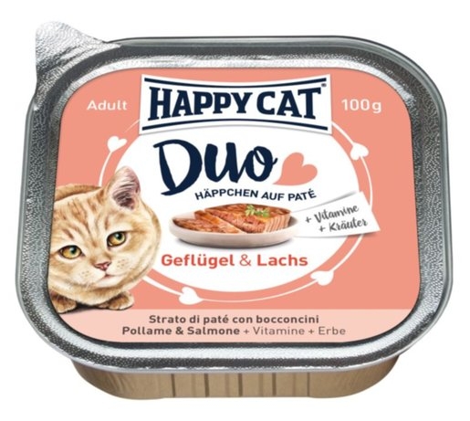 Zdjęcie Happy Cat Duo kawałki w pasztecie z galaretką tacka dla kota z drobiem i łososiem 100g