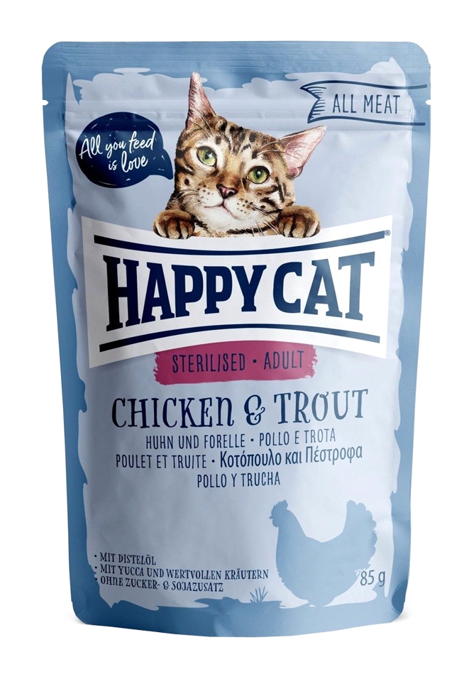 Zdjęcie Happy Cat All Meat Adult Sterilised saszetka dla kota z kurczakiem i pstrągiem 85g