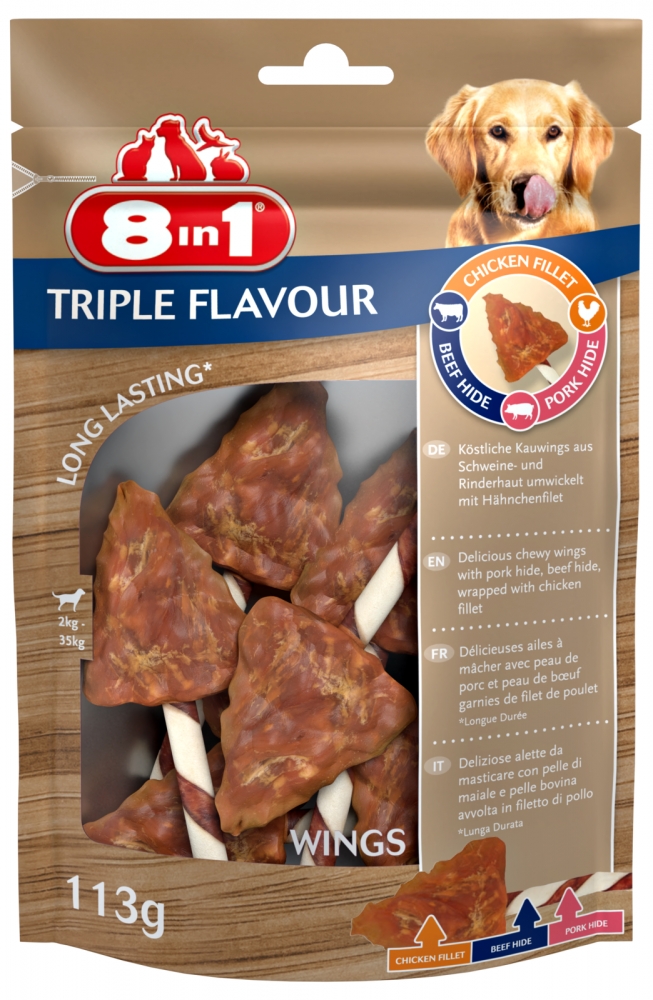 8in1 Triple Flavour Wings skrzydełka do żucia dla psów wołowina, wieprzowina i kurczak 6 szt.
