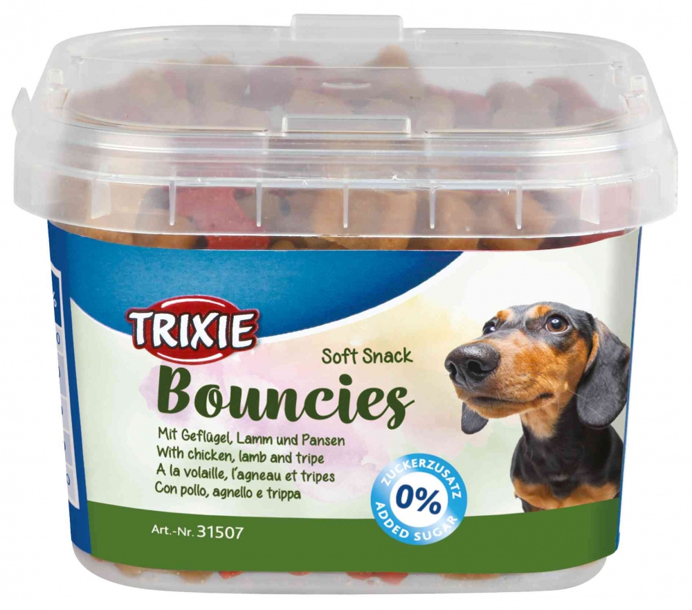 Trixie Soft Snack Bouncies przysmak w pojemniku z drobiem, jagnięciną i żwaczami 140g