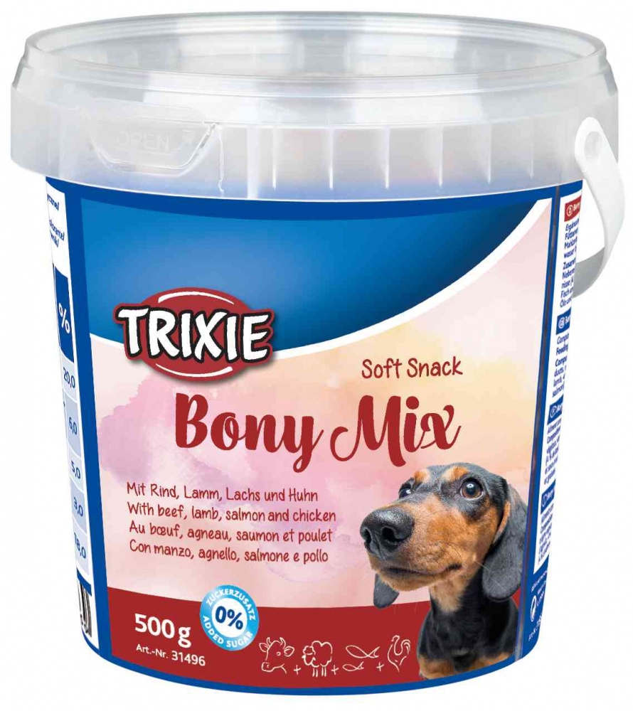 Zdjęcie Trixie Soft Snack Bony Mix miękkie kostki dla psa  z wołowiną, jagnięciną, łososiem i kurczakiem 500g