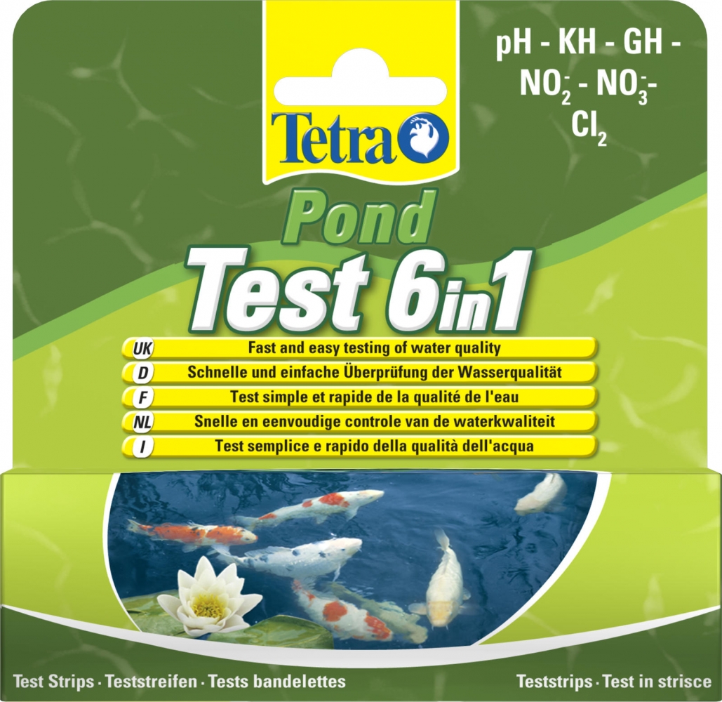 Zdjęcie Tetra Pond Test do wody w stawie / oczku wodnym 6 w 1  NO2 ,NO3, pH, GH, KH, CL2 25 szt.