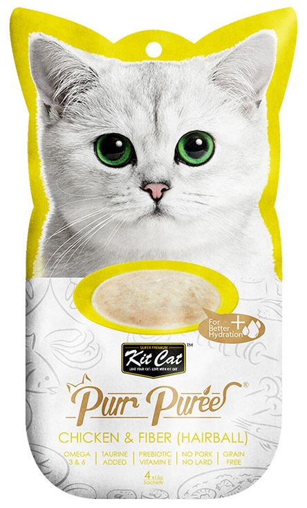 Zdjęcie Kit Cat Purr Puree przysmaki dla kotów  Chicken & Fiber Hairball 4x15g