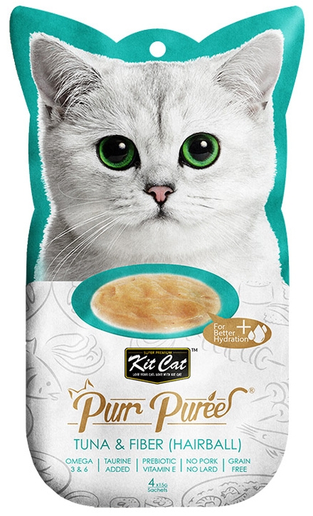 Kit Cat Purr Puree przysmaki dla kotów Tuna & Fiber Hairball 4x15g