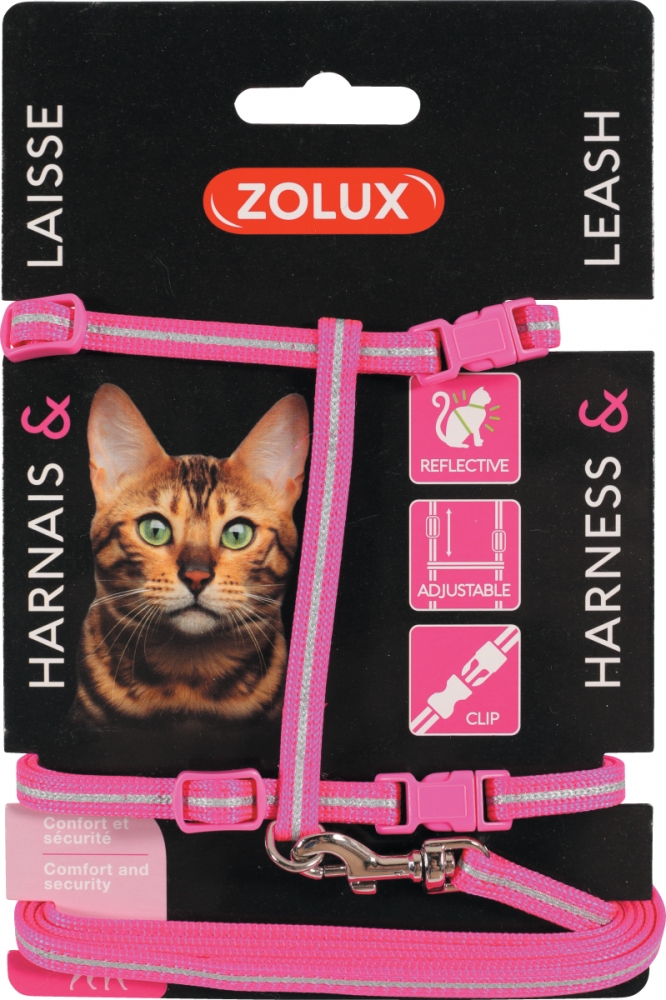 Zolux Zestaw spacerowy dla kota szelki i smycz odblaskowe różowy 25–40 cm/7 mm