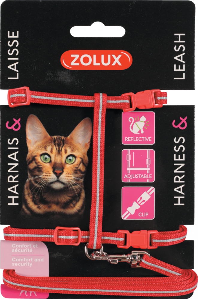 Zdjęcie Zolux Zestaw spacerowy dla kota szelki i smycz odblaskowe czerwony 25–40 cm/7 mm