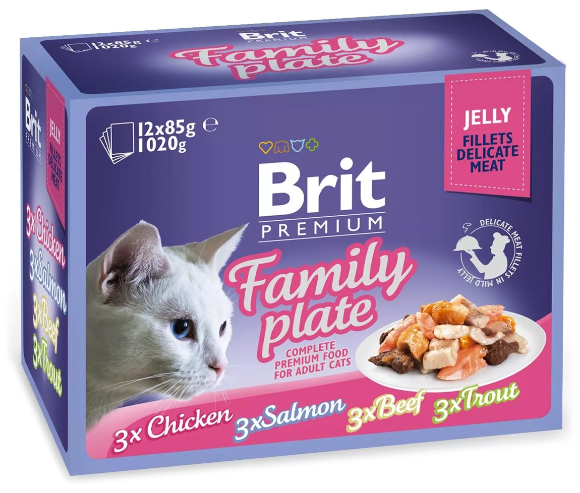 Brit Multipack saszetek Premium Cat Jelly w galaretce kurczak, łosoś, wołowina, pstrąg 12x 85g