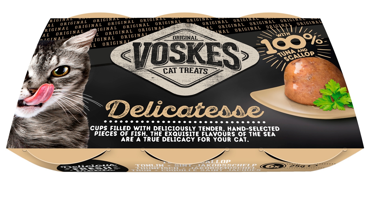Zdjęcie Voskes Delicatesse Cat Treats przysmak w kubeczkach dla kota tuńczyk + przegrzebki 6 x 25g