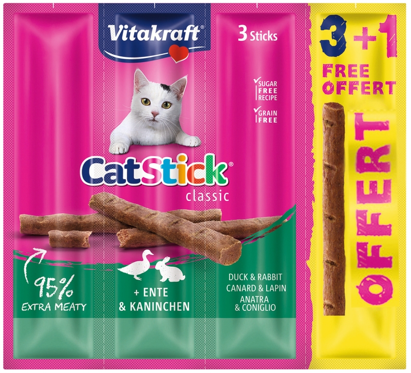 Zdjęcie Vitakraft Cat Stick kabanoski dla kota z kaczką i królikiem 3+1 szt. GRATIS